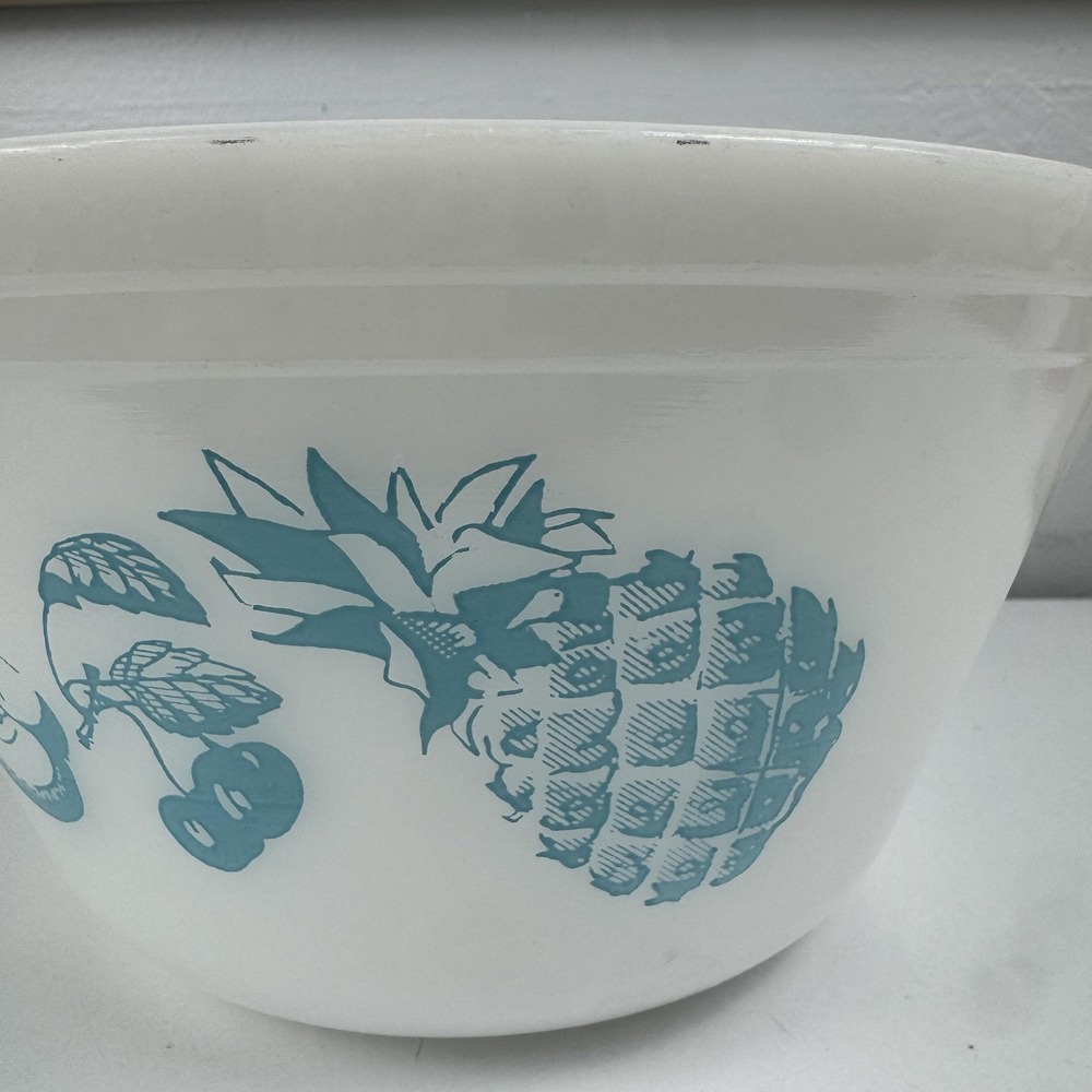 Vintage Federal Glass White Mixing Bowl Blue Fruit Nature Print Milk Glass USA - Picture 7 of 15